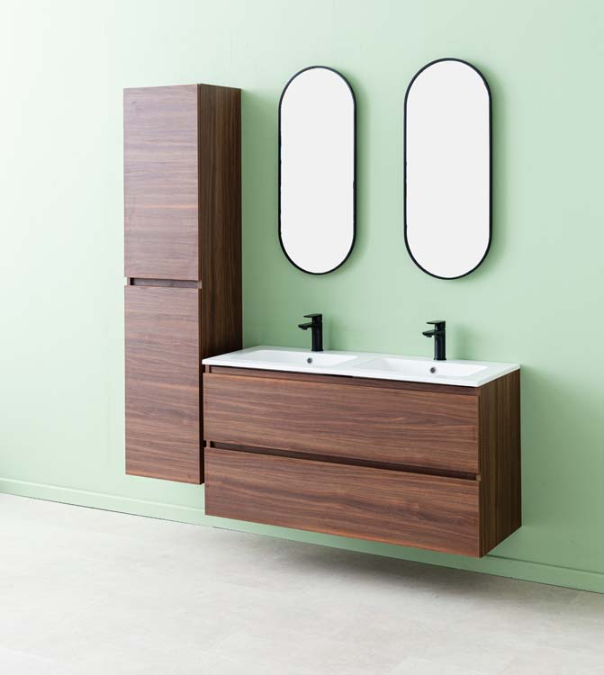 Meuble de salle de bains Dotan noyer suspendu avec lavabo double blanc brillant 120cm