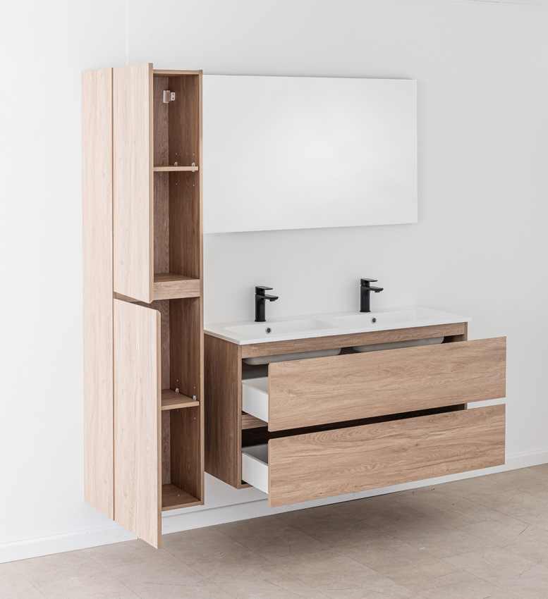 Badkamermeubel Bianca eiklook hangend met dubbele wastafel mat wit 120,5cm