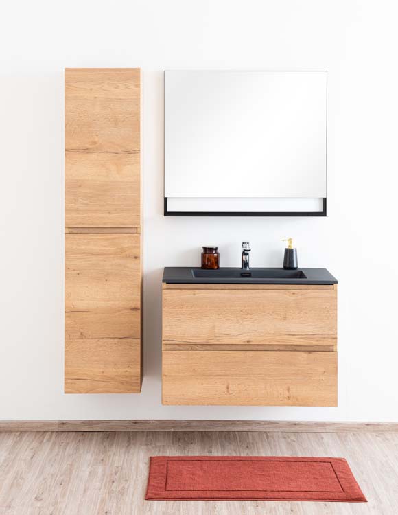 Badkamermeubel Daria eik goudbruin hangend met enkele wastafel mat zwart 90cm