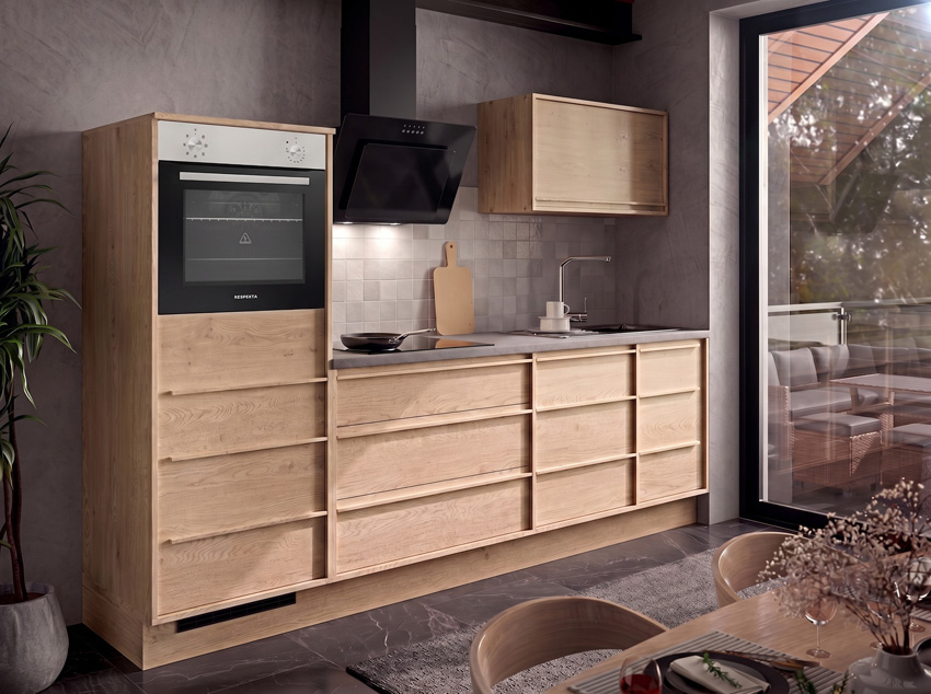 Cuisine Nara chêne 264cm - avec appareils - plaque de cuisson vitrocéramique et hotte murale noire