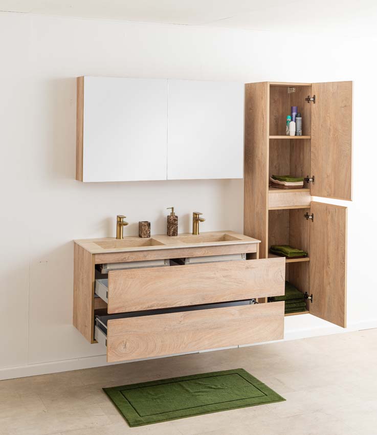 Meuble de salle de bain Tibo en chêne méditerranéen avec double lavabo aspect travertin 120cm