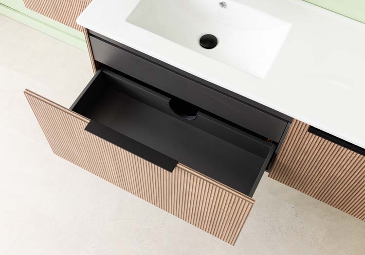 Meuble de salle de bains Nolan noyer suspendu avec lavabo simple à gauche blanc brillant 120cm