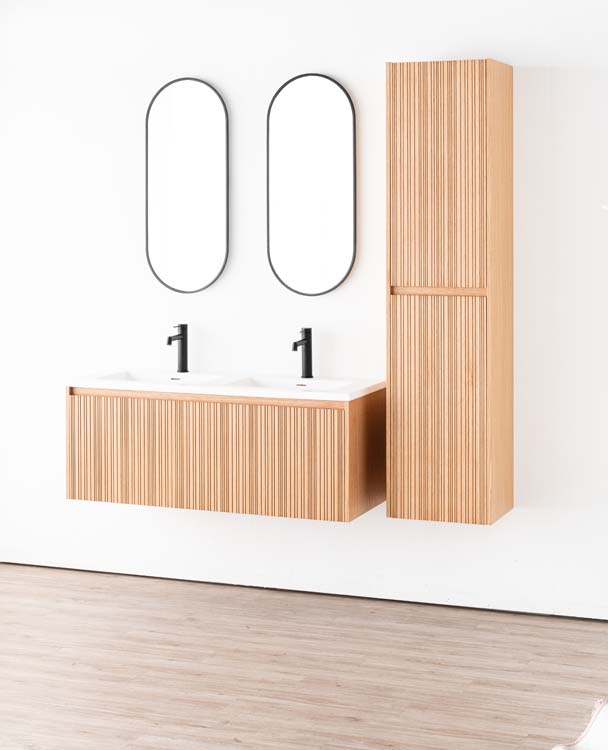 Meuble de salle de bains Warren afromosia suspendu avec lavabo double blanc mat 120cm