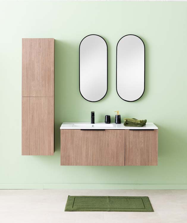 Meuble de salle de bains Nolan noyer suspendu avec lavabo simple à gauche blanc brillant 120cm