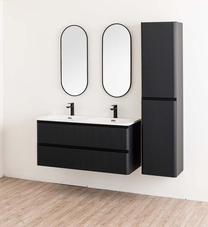 Badkamermeubel Julia mat zwart hangend met dubbele mineraal marmer wastafel glanzend wit 120cm