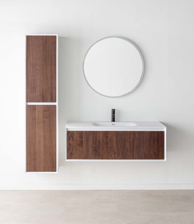 Meuble de salle de bains Falk noyer suspendu avec lavabo simple blanc mat 120cm Meuble de salle de bains Falk noyer suspendu avec lavabo simple blanc mat 120cm