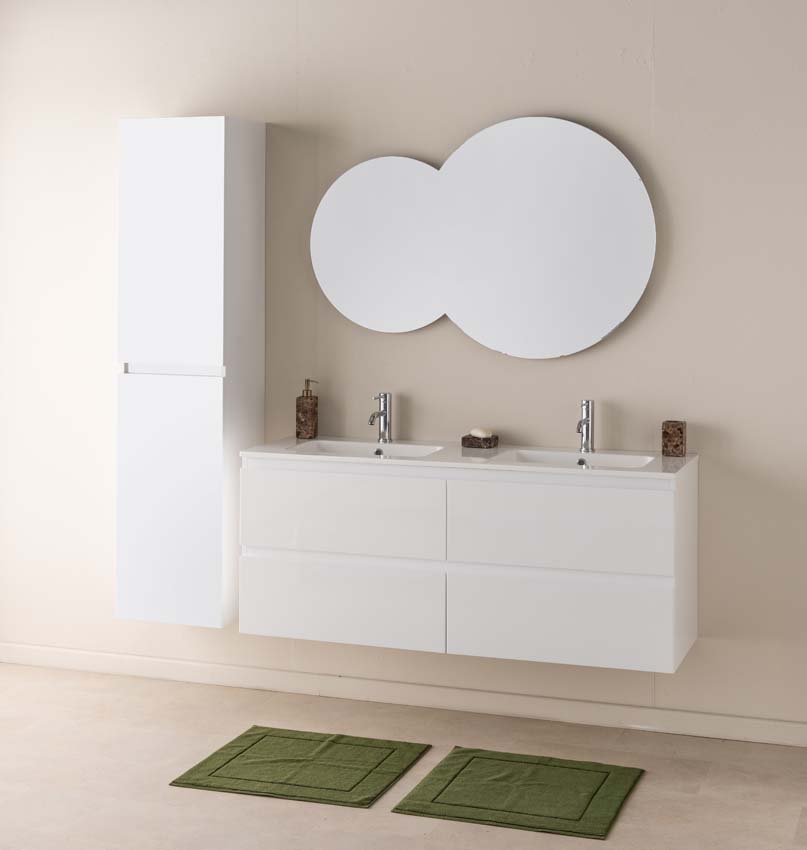 Meuble de salle de bains Tibo blanc suspendu avec lavabo double blanc brillant 140cm