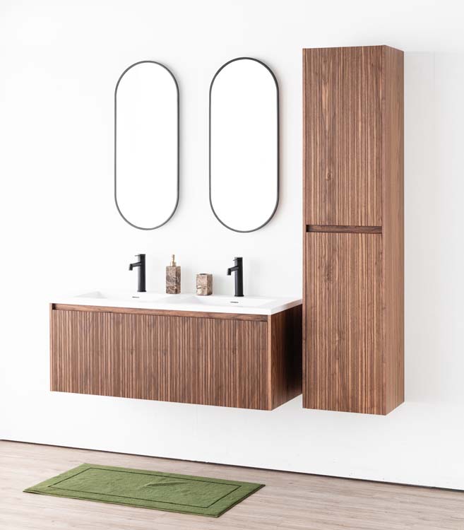 Badkamermeubel Warren walnoot hangend met dubbele wastafel mat wit 120cm