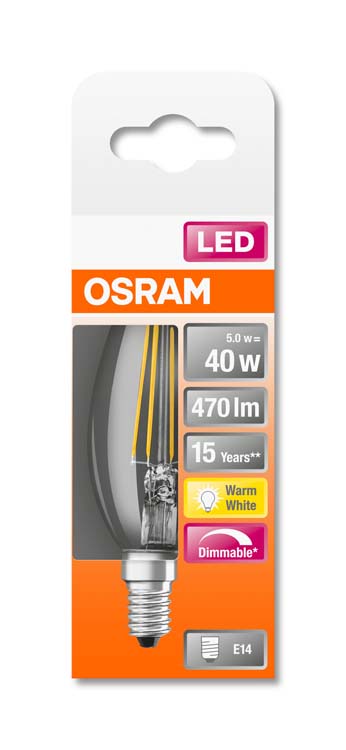 Lampe LED retro bougie 40 E14 5W blanc chaud filament dimmable