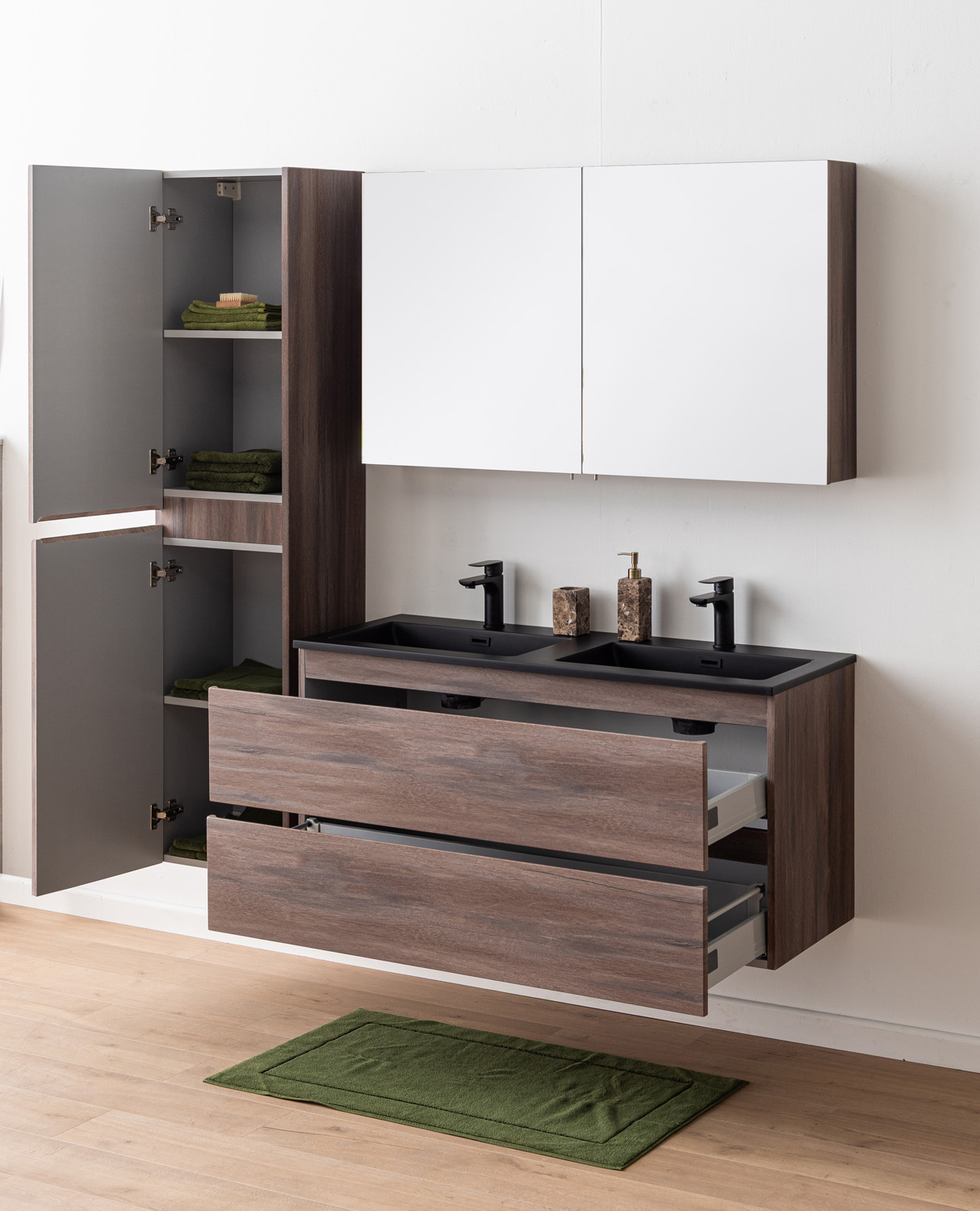 Meuble de salle de bains Tarik chêne ambré suspendu avec double vasque noir mat 120cm