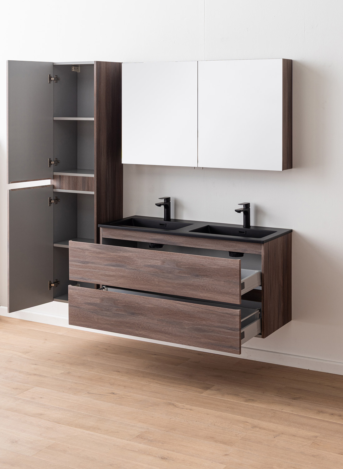 Meuble de salle de bains Tarik chêne ambré suspendu avec double vasque noir mat 120cm