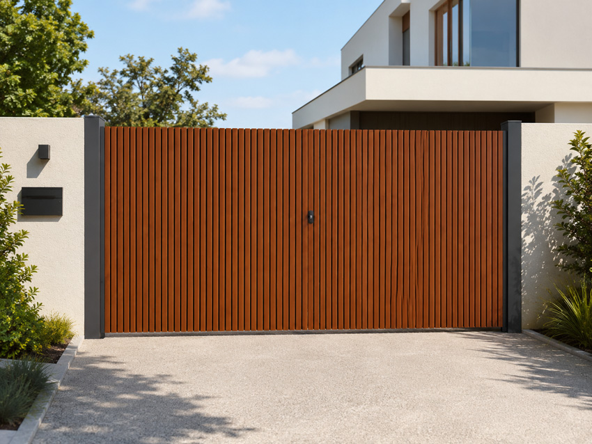 Portail battant double Line up aluminium aspect bois 300x175cm