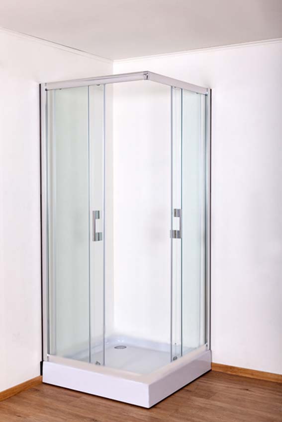 Cabine de douche Agnes coin portes coulissantes chrome 90x90x185cm avec bac de douche à poser