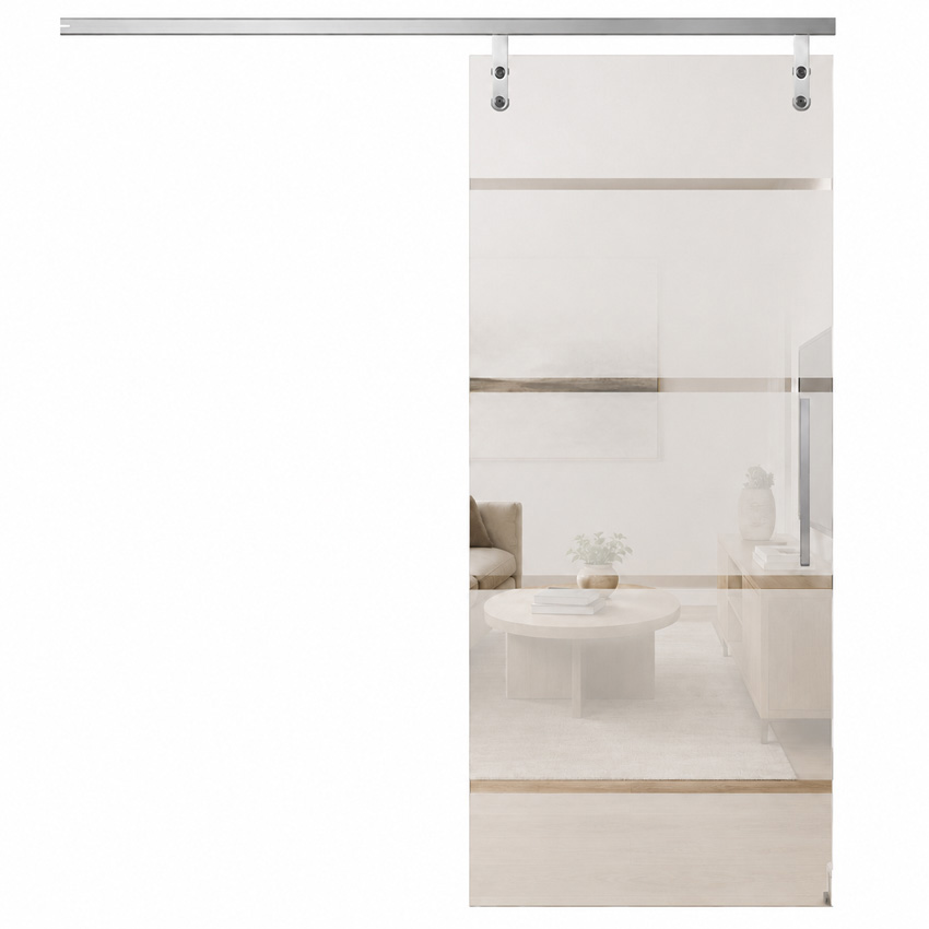 Complete glazen schuifdeur Sky Dusk mat + 4 lijnen helder 93x215cm inox vierkante trekker + rail aluminium