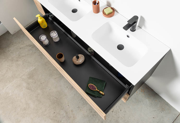 Meuble de salle de bain Dotan chêne/noir 1400 mm 2 lavabo mat