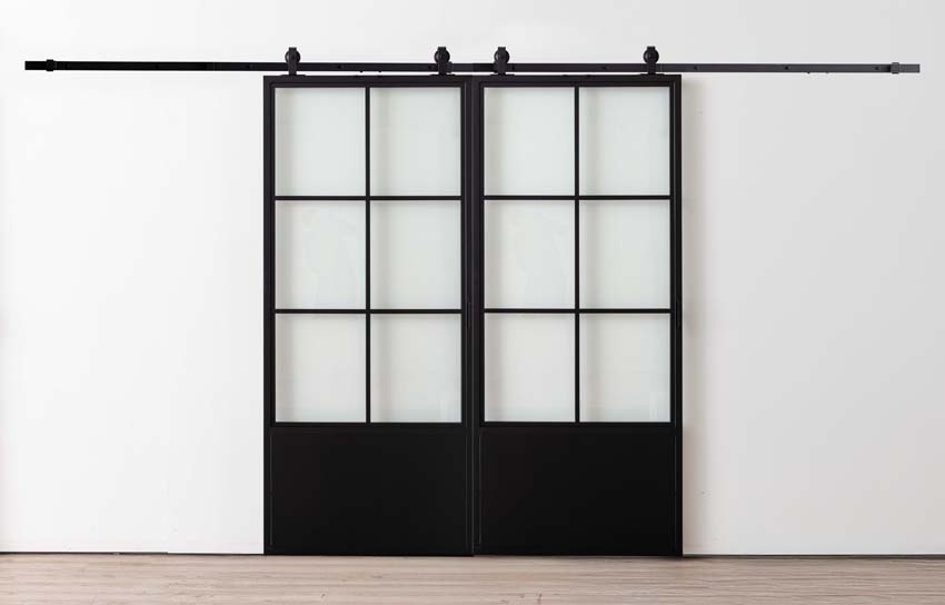 Porte coulissante double en acier complète Tyra 2x 6R sur mesure