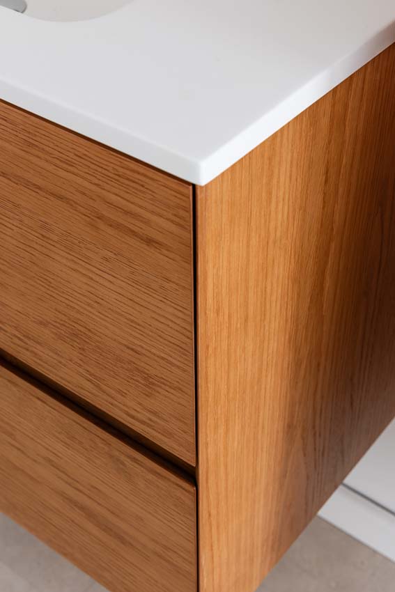 Badkamermeubel Fior eik hangend met enkele wastafel mat wit 90cm