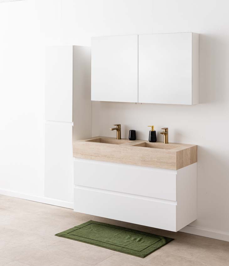 Meuble de salle de bain Tibo blanc avec double lavabo large en travertin 120cm