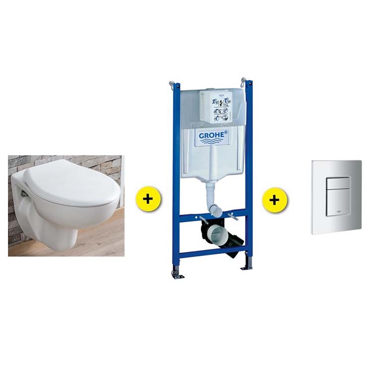 Set de toilette Senne blanc avec siège de WC softclose + reservoir encastré Solido + plaque de commande chrome mat
