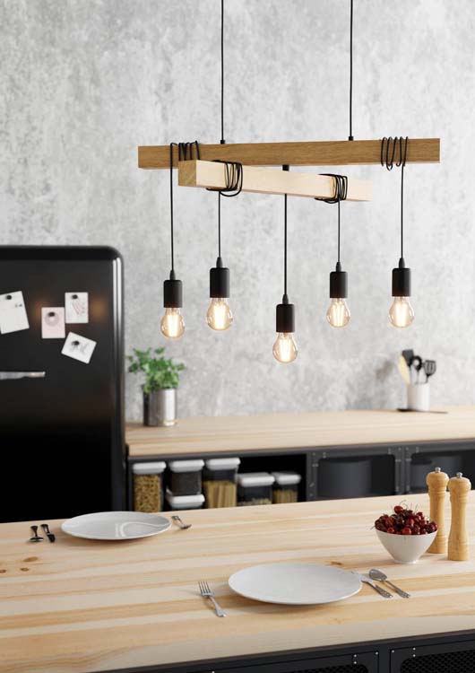 Suspension bois/noir E27 5x60W