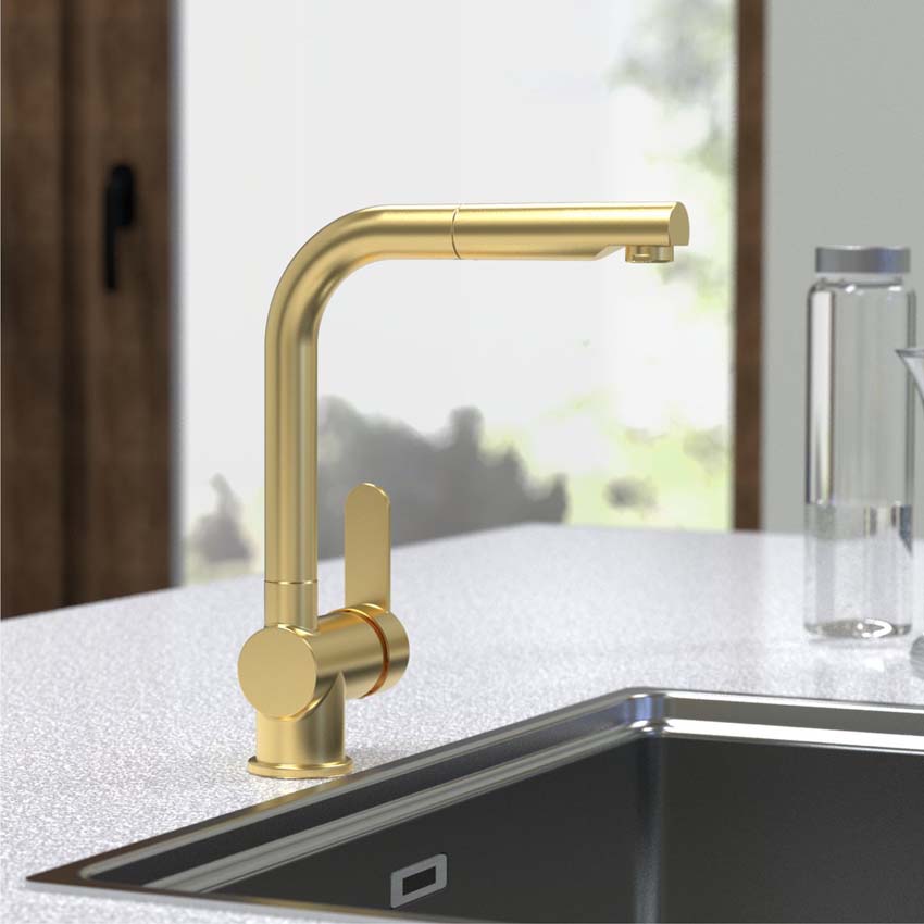 Keukenkraan Levi mat goud met uittrekbare uitloop