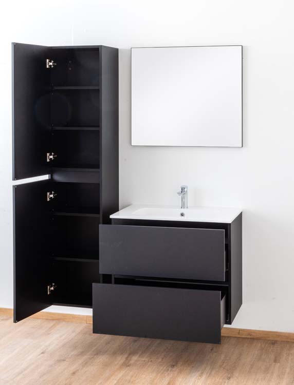 Badkamermeubel Puro mat zwart hangend met enkele wastafel glanzend wit 80cm