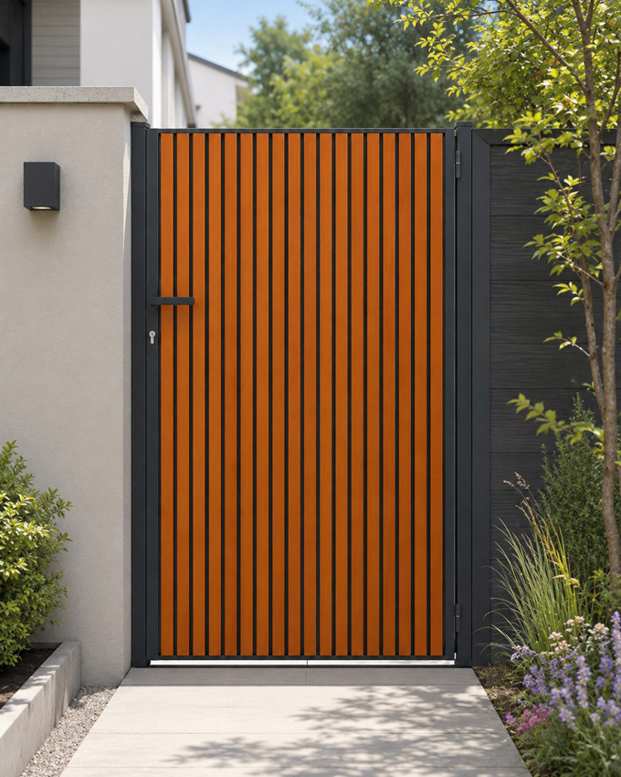 Portillon battant Line Up aluminium aspect bois 100x175cm - fermé avec lames verticales, ouverture à gauche, quincaillerie incluse