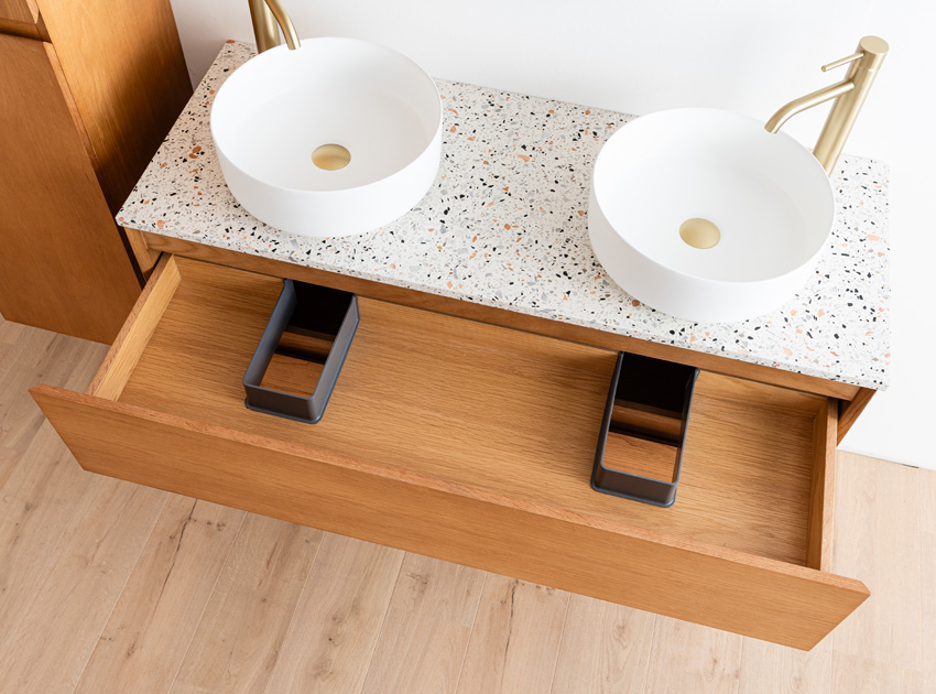 Badkamermeubel Fior eik hangend met dubbel topblad terrazzo 120cm