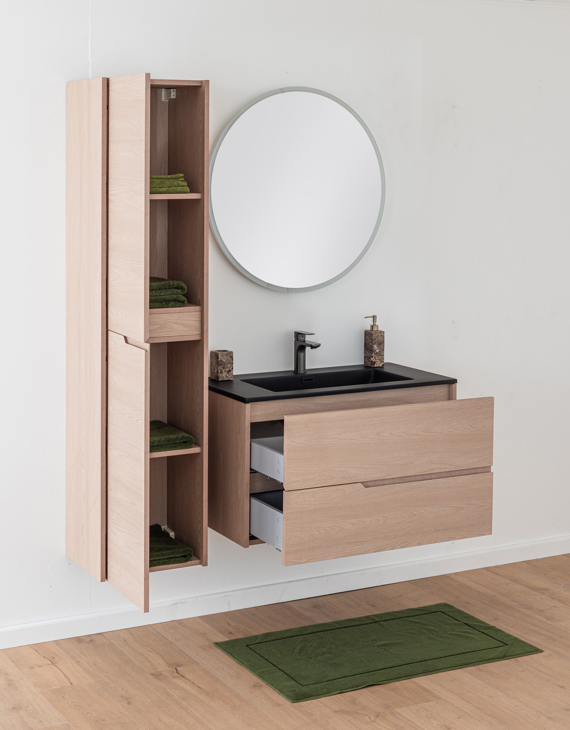 Meuble de salle de bains Tiago chêne Nordic suspendu avec vasque simple noir mat 90cm