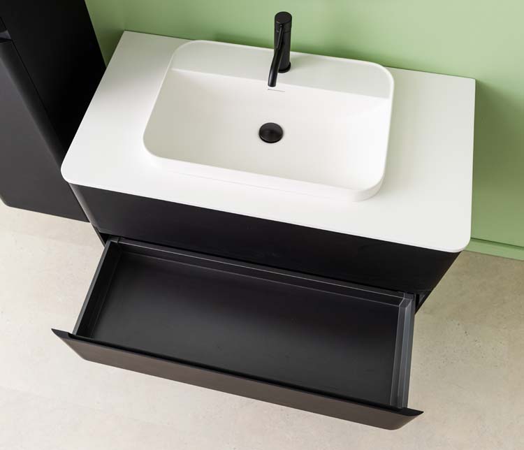 Badkamermeubel Ames mat zwart hangend met opbouwkom mat wit 110cm