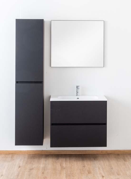Badkamermeubel Puro mat zwart hangend met enkele wastafel glanzend wit 80cm