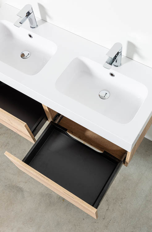 Badkamermeubel Domino eiklook hangend met dubbele wastafel glanzend wit 120cm