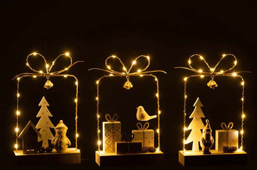 Cadeau céramique/bois blanc/or/naturel LED 28x15x6cm