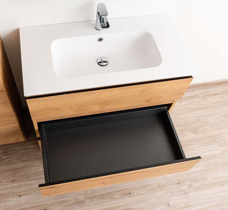 Meuble de salle de bains Daria chêne brun doré sur pied avec lavabo simple blanc mat 90cm