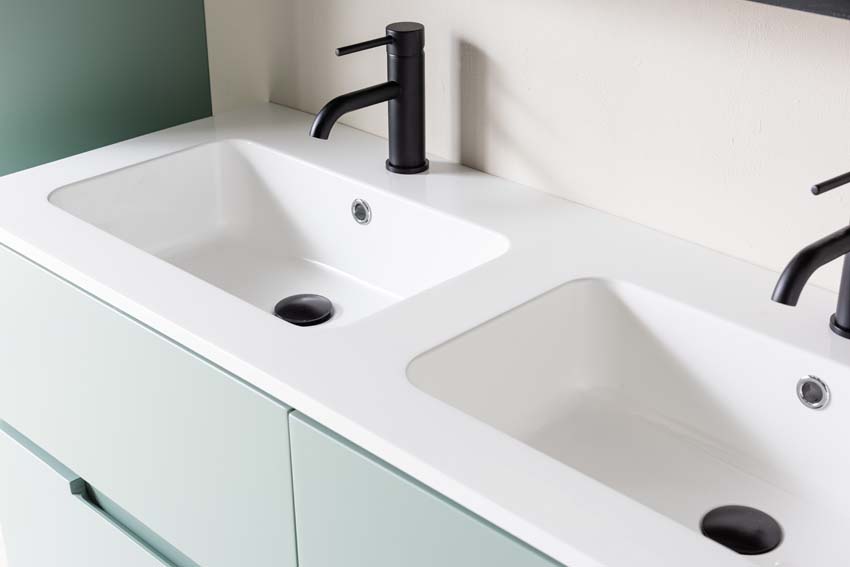 Meuble de salle de bains Truman vert gris suspendu avec lavabo double blanc brillant 120cm