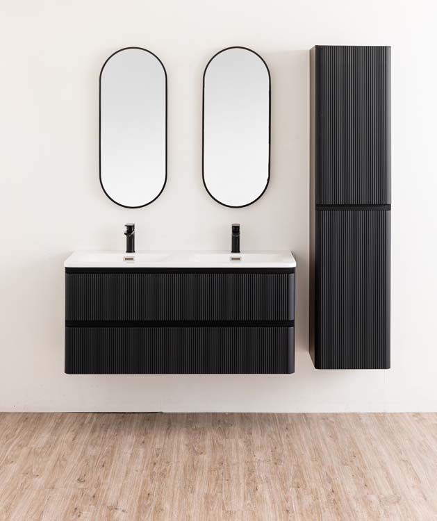 Badkamermeubel Julia mat zwart hangend met dubbele mineraal marmer wastafel glanzend wit 120cm