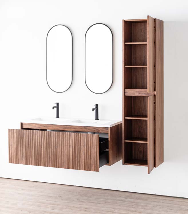 Badkamermeubel Warren walnoot hangend met dubbele wastafel mat wit 120cm