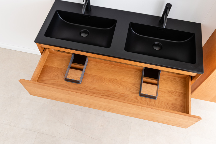 Badkamermeubel Fior eik hangend met dubbele wastafel mat zwart 120cm