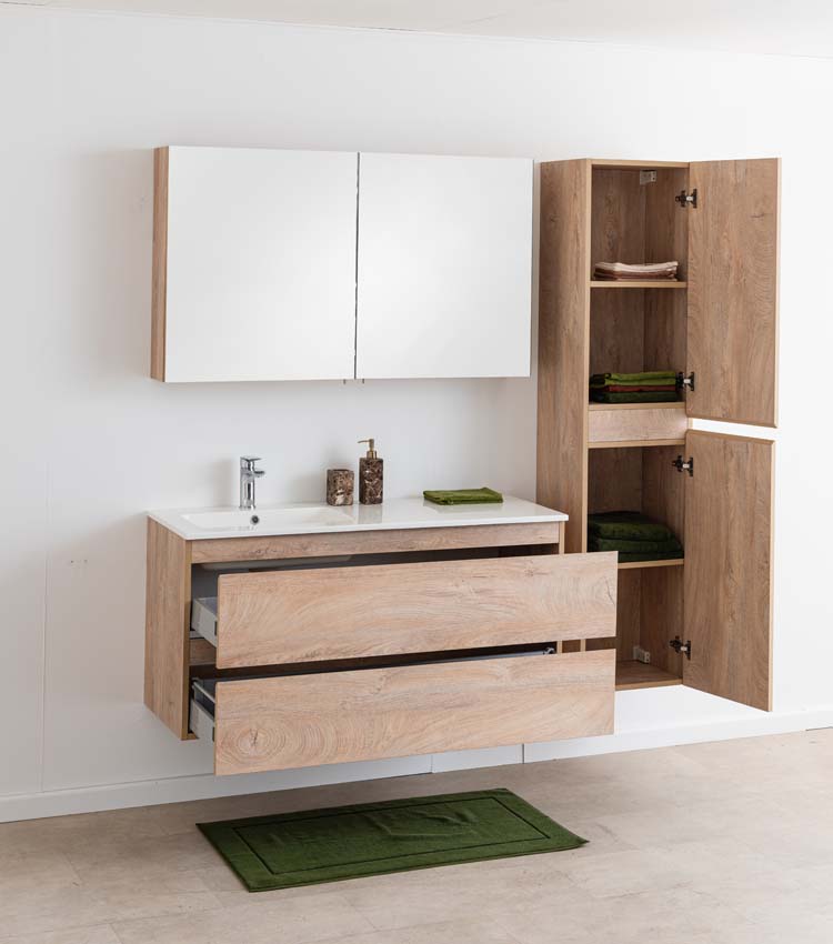 Meuble de salle de bain Tibo en chêne méditerranéen avec lavabo simple blanc mat 120cm
