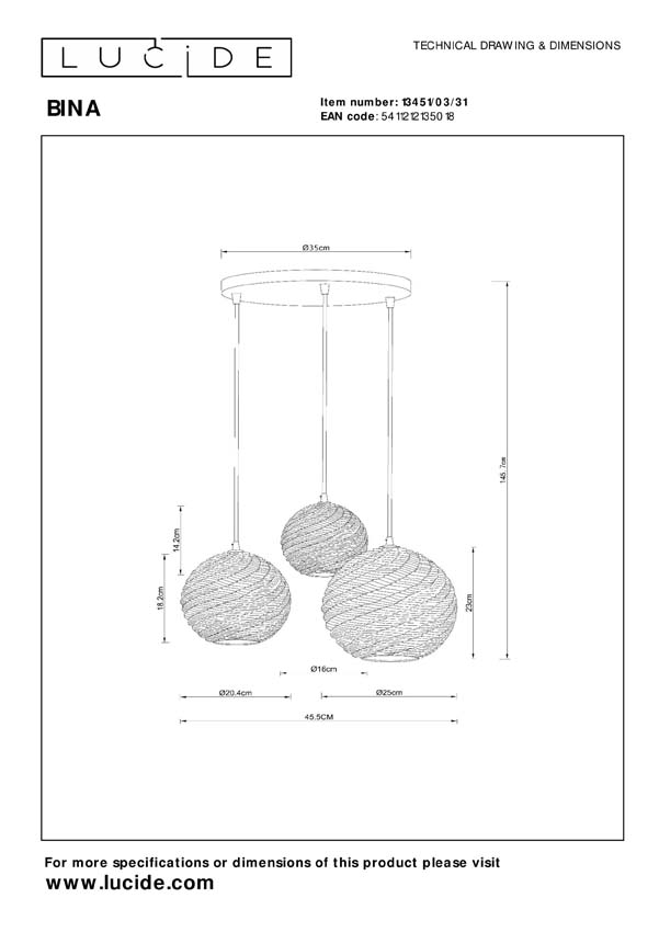 Lucide BINA - Hanglamp - Ø 40 cm - 3xE27 - Wit