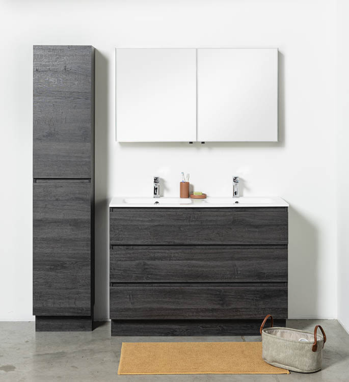 Meuble de salle de bain Dotan chêne foncé 1200 mm sur pied 2 lavabo brillant