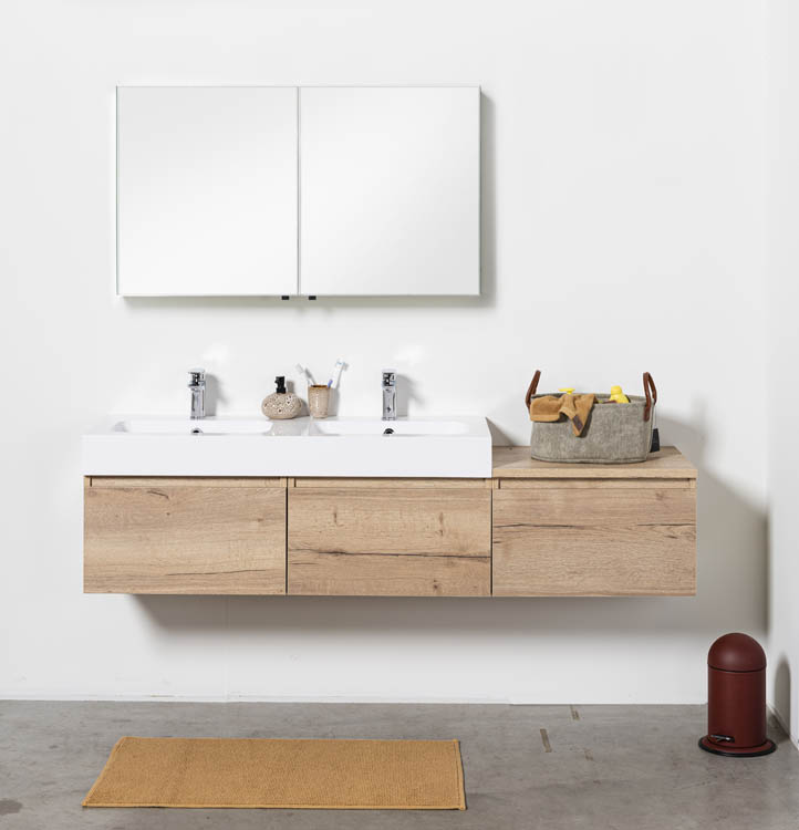 Meuble salle de bain aspect chêne Domino 1800 mm lavabo brillant
