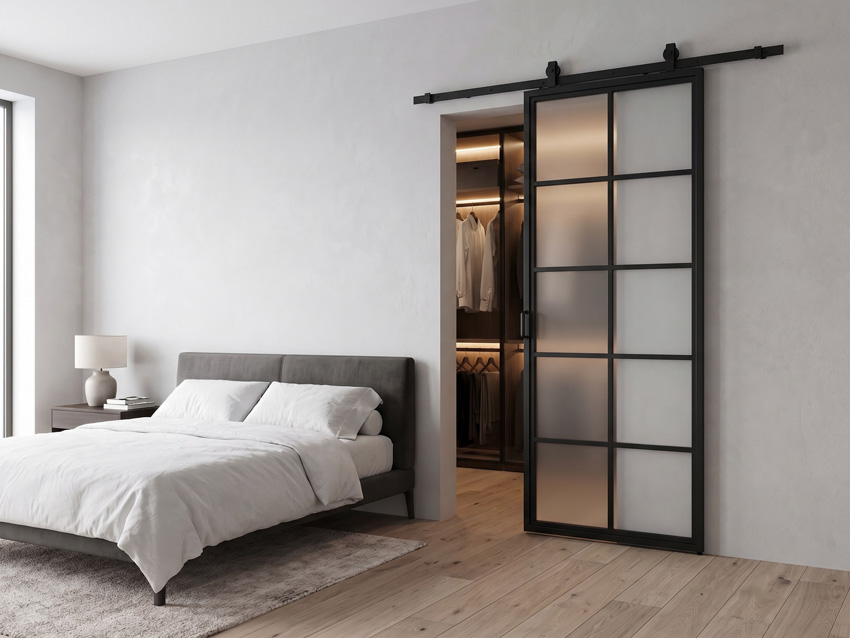 Porte coulissante simple en acier complète Tyra veere mat 10R 93x213,4cm noir + rail noir