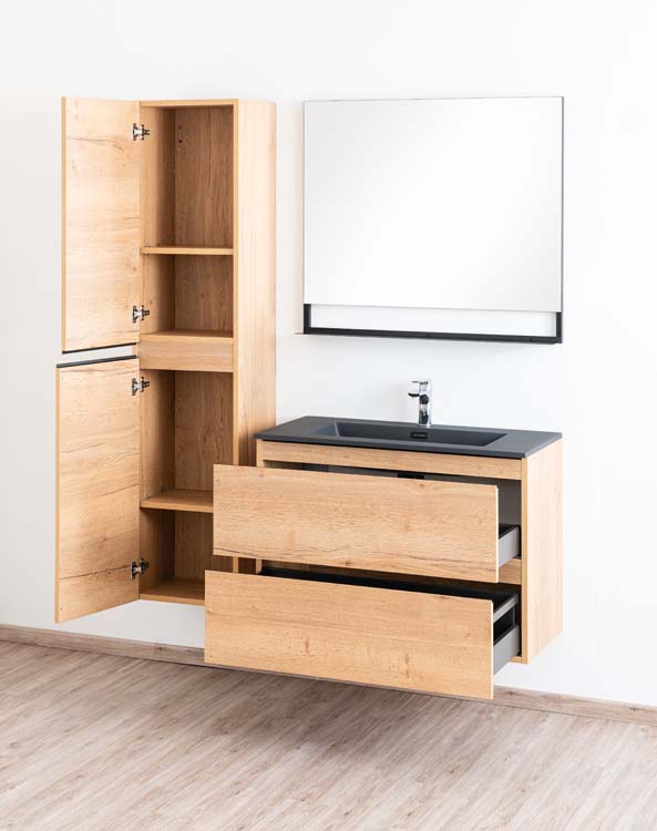 Badkamermeubel Daria eik goudbruin hangend met enkele wastafel mat zwart 90cm