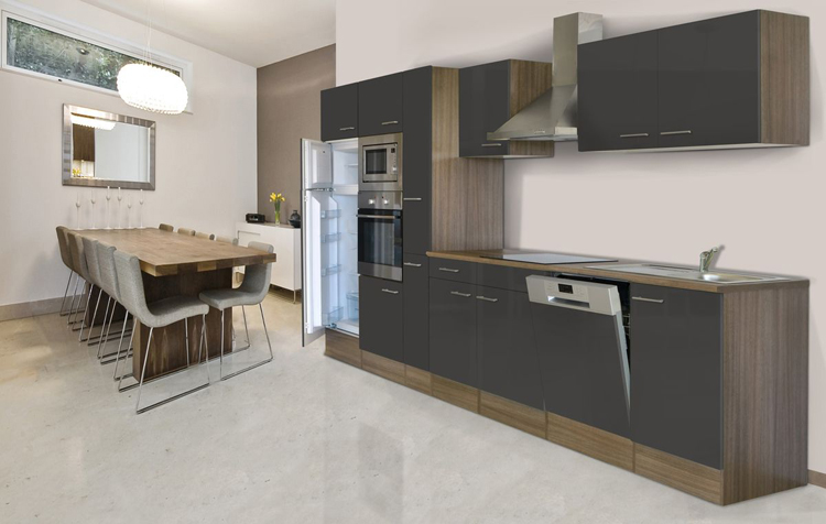 Cuisine anthracite/chêne foncé 370cm - avec appareils - plaque vitrocéramique et hotte murale en inox