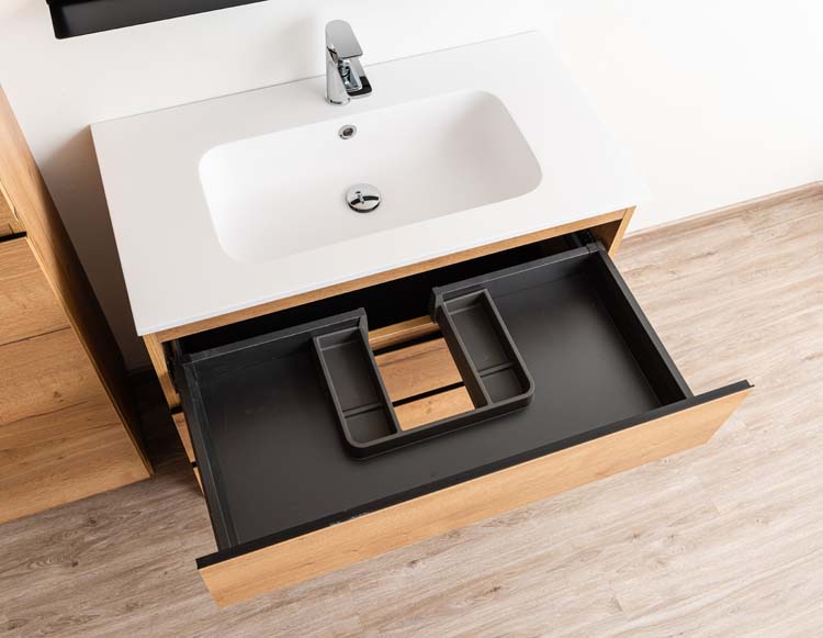 Meuble de salle de bains Daria chêne brun doré sur pied avec lavabo simple blanc mat 90cm