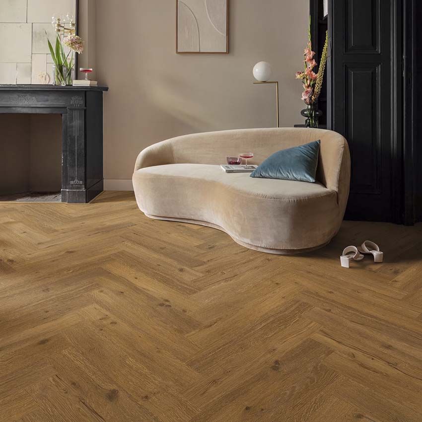 Vinyl vloer Floorify Ikura plank 4,5mm visgraat bruin eik 75x12,5cm