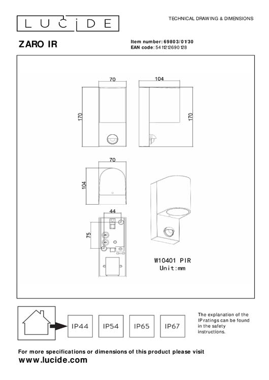 Lucide ZARO IR - Spot mural Intérieur/Extérieur - 1xGU10 - IP65 - Détecteur De Mouvement - Noir