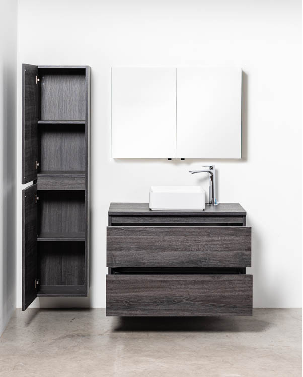 Badkamermeubel Dotan donkere eik hangend met melamine topblad 120cm