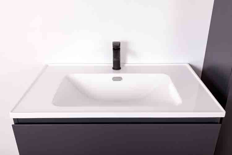 Meuble de salle de bains Omane gris mat suspendu avec lavabo simple blanc brillant 80cm